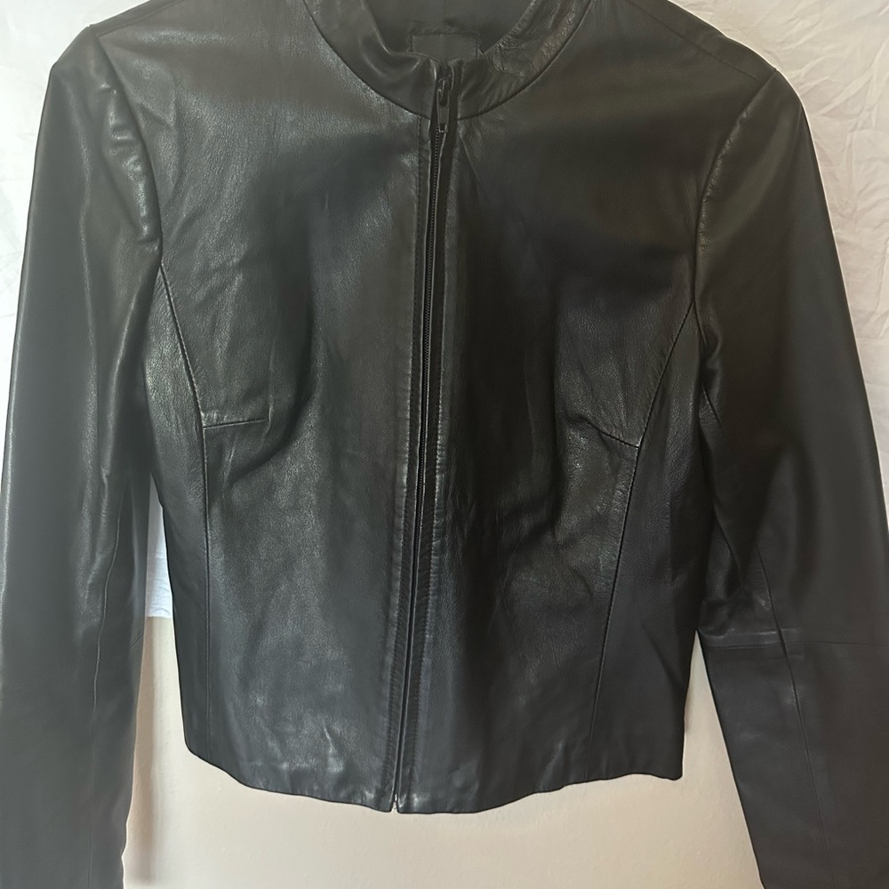 BCBGMaxAzria Black Leather Cropped Jacket with Stand Collar